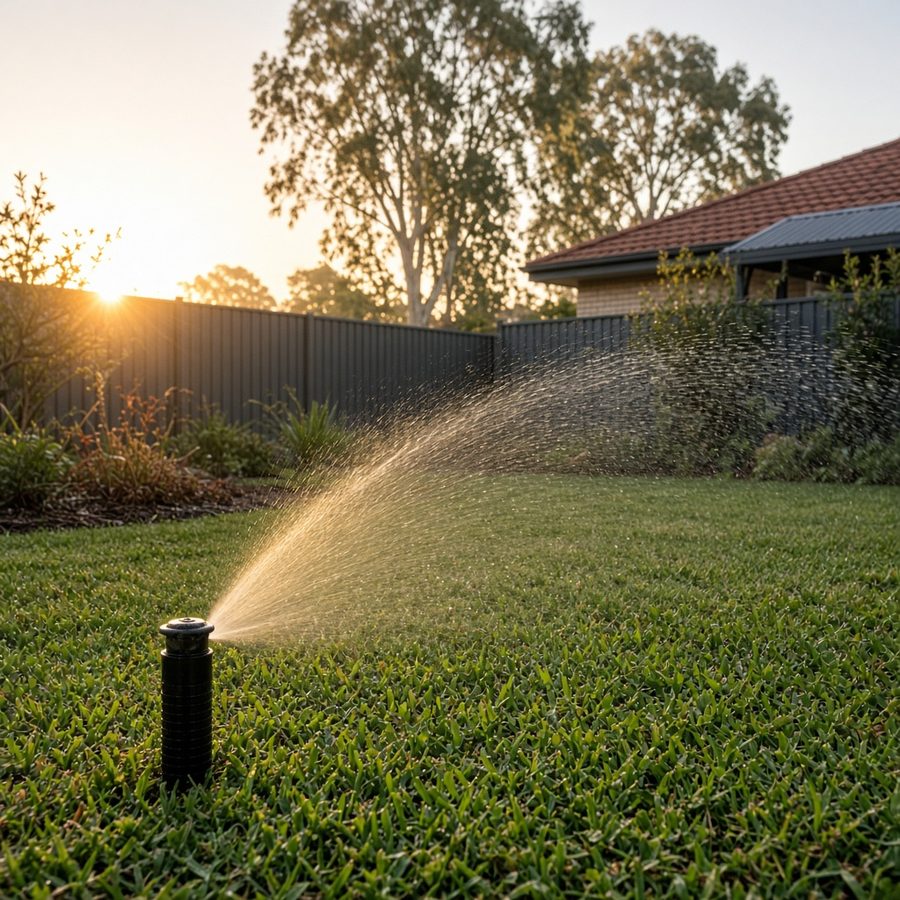 Sprinklers watering a lawn at dawn
